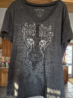 Hard Rock Cafe Charcoal Gray Logo Embroidered Graphic T-Shirt 🎸🩶🖤